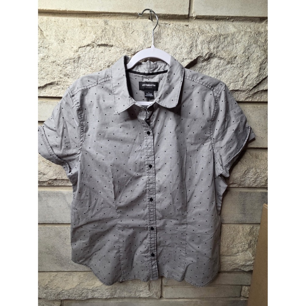 Liz Claiborne Career Women Large Black White Check Diamond Button Up Shirt Short